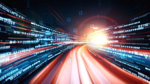 Flashing lights and data bits showing digital transformation